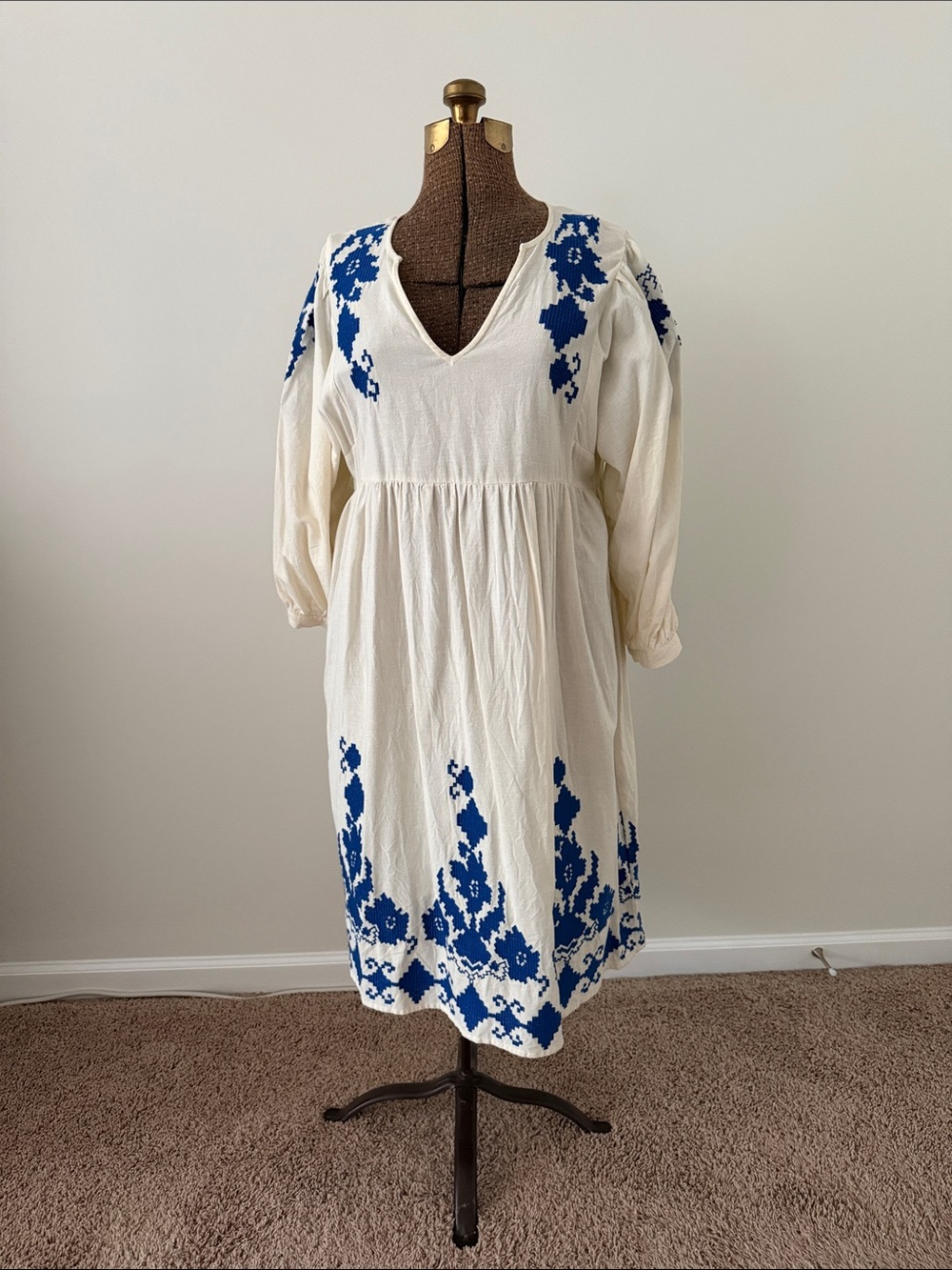 Velvet by Graham & Spencer White Midi Dress with Blue Embroidery